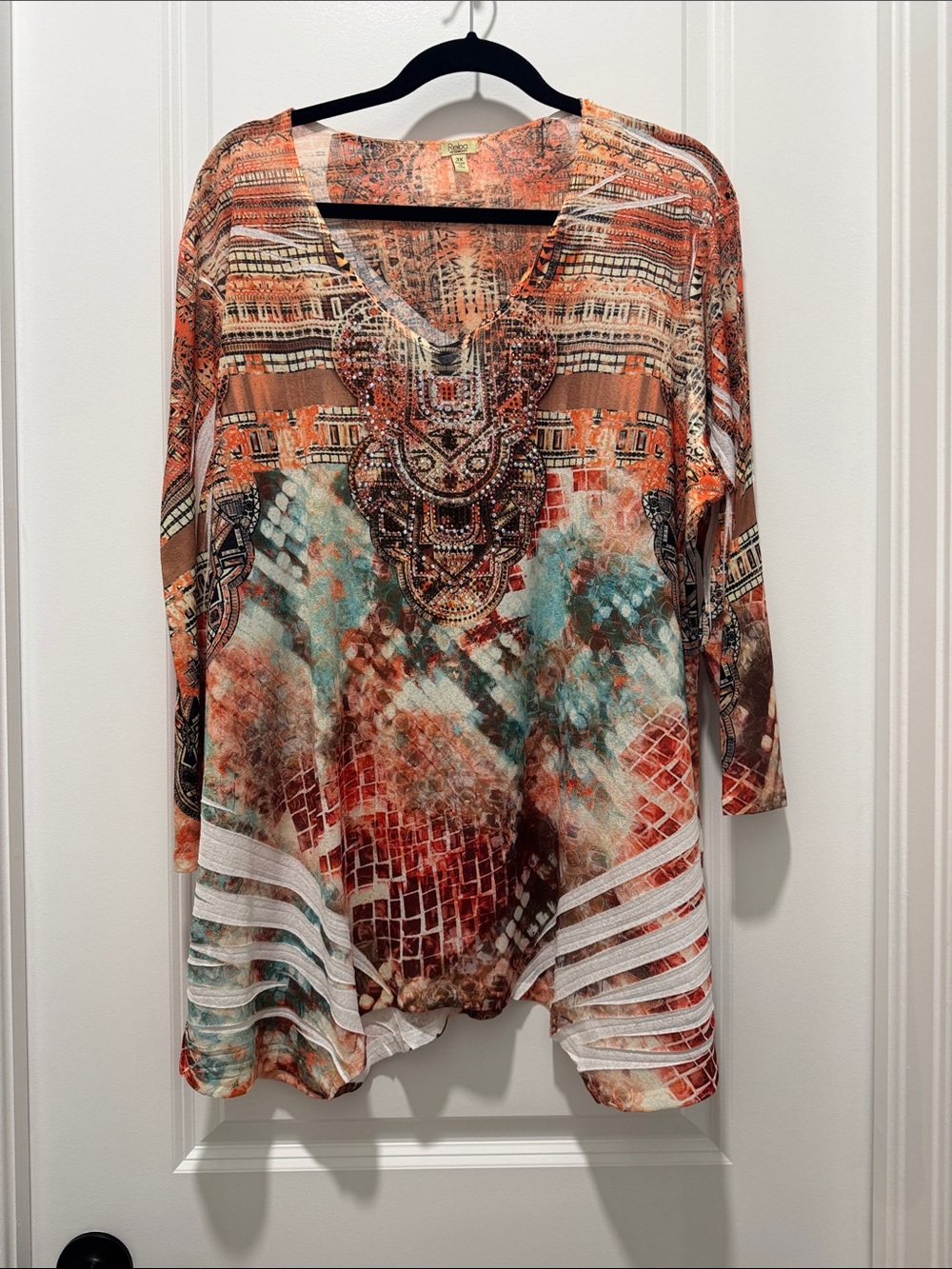 Reba Orange Teal Brown Printed V-Neck Tunic